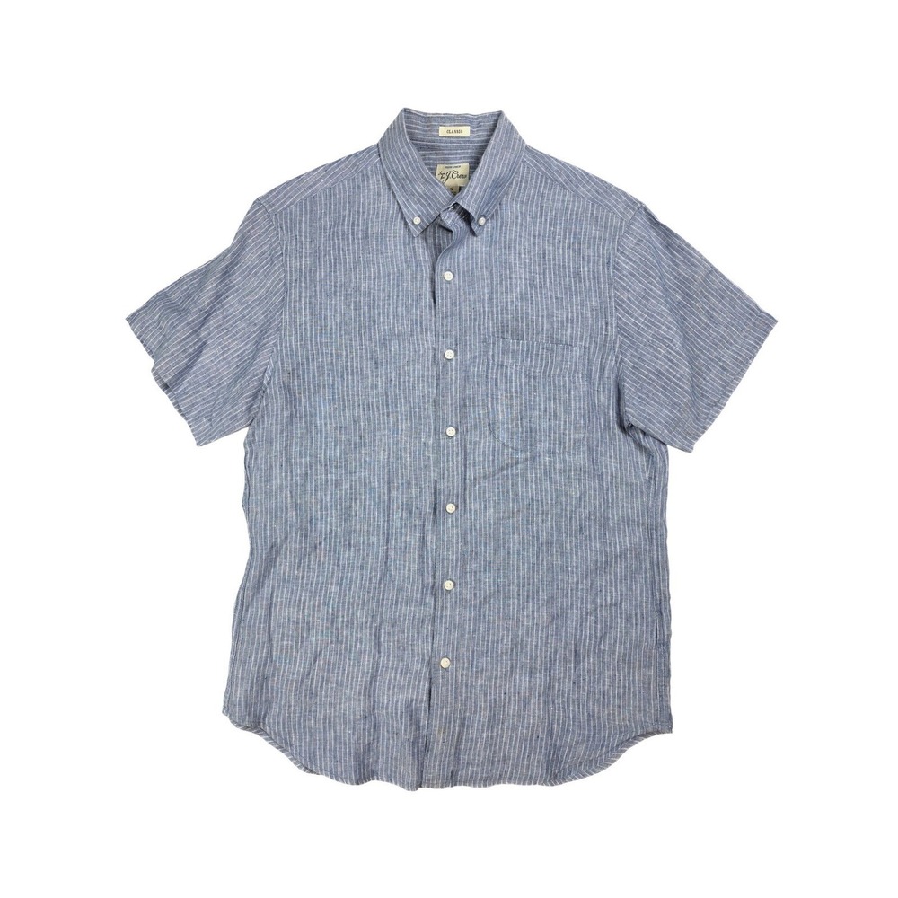 J. Crew Irish Linen Blue White Pin Striped Button Down S/S Shirt Men's Small